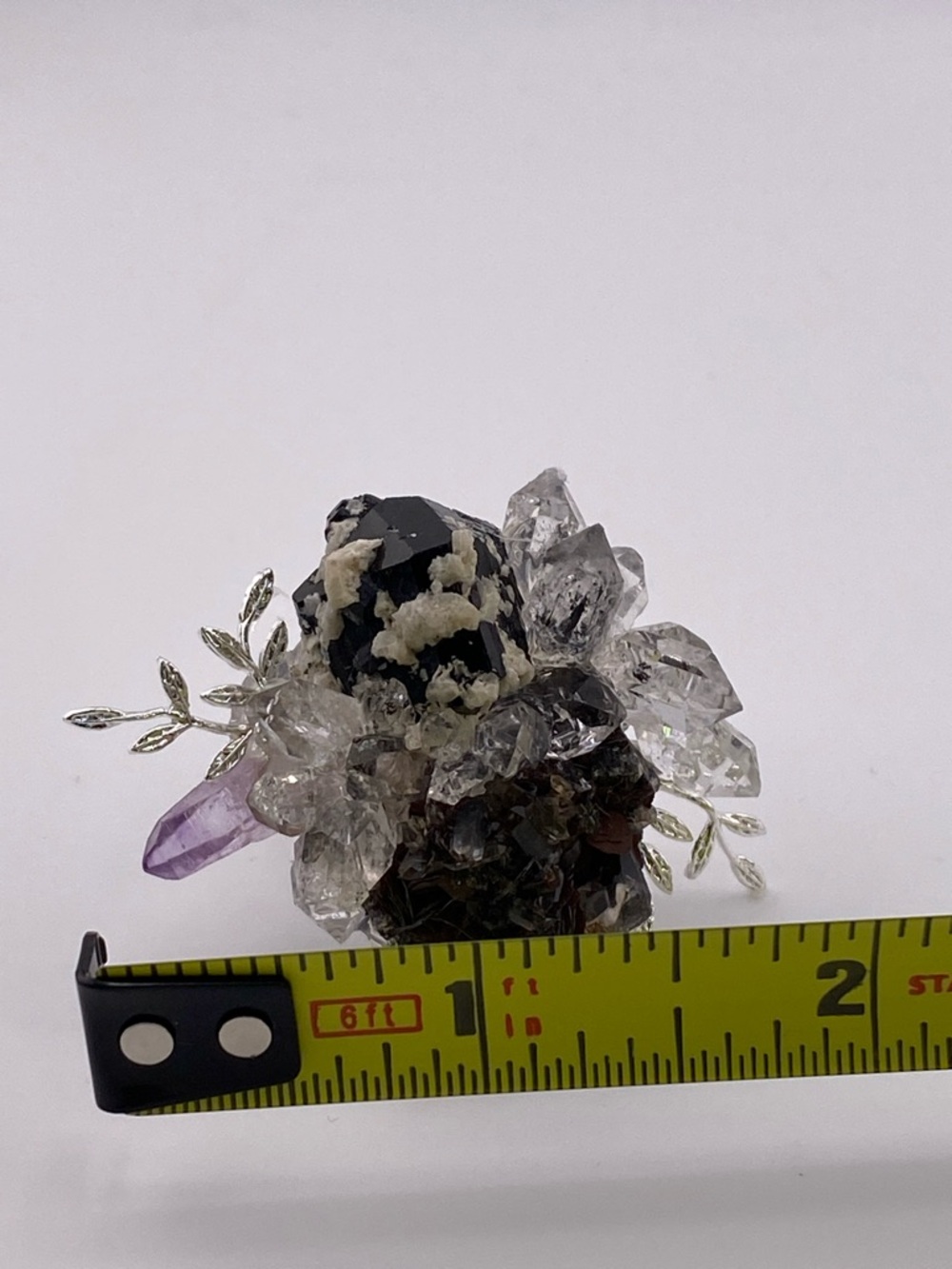 Dark Calcite & Herkimer Diamond Crystal Cluster ring with Amethyst Accent - Picture 7 of 8